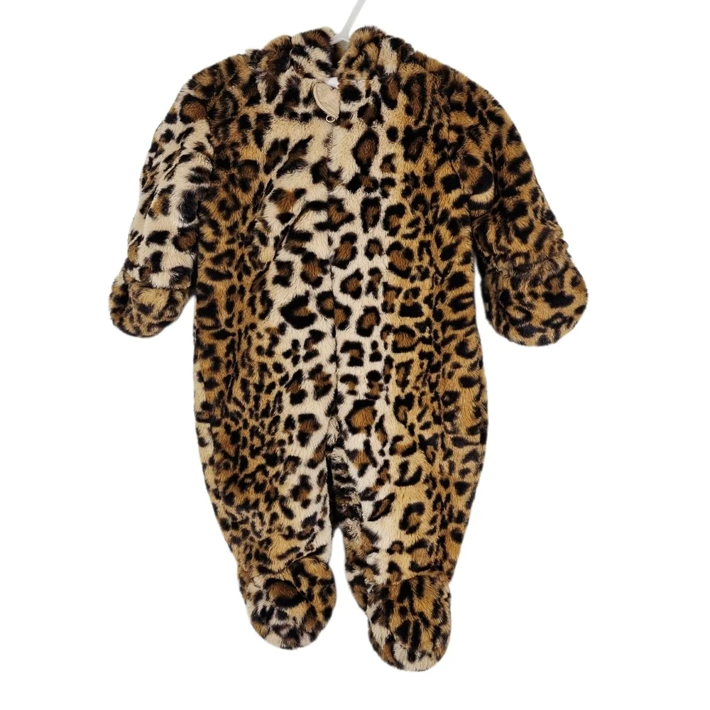 Liv & Lottie Baby Girls Cozy Leopard Faux Fur 3D Ear Hoodie One Piece Bodysuit